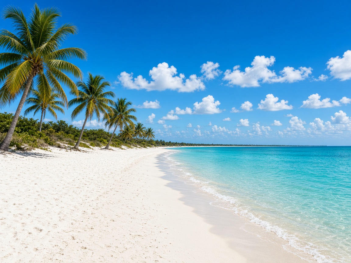 A palm-lined beach, shown only as an example of a destination. Not a confirmed retreat.