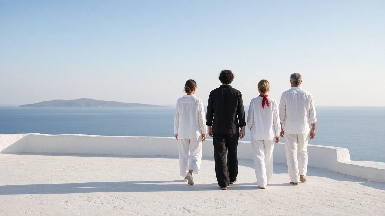 Four people walking together toward the sea. A picture of a group stay, not a retreat you can book.